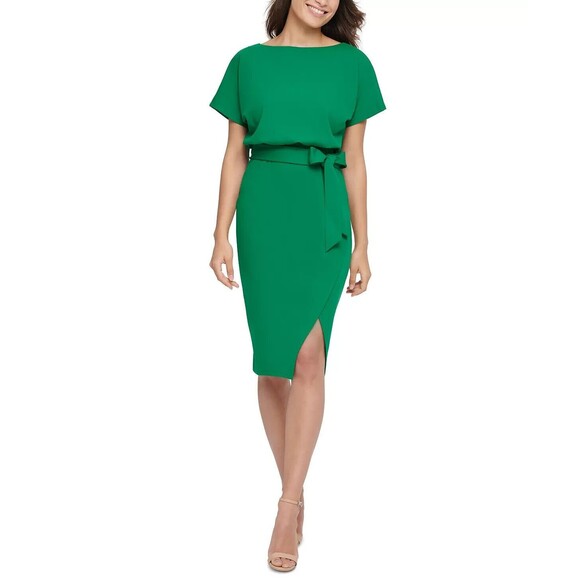 Kensie Belted Blouson Wrap Sheath A-Line Short Sleeve Dress, Green, Size 6 - Picture 1 of 4
